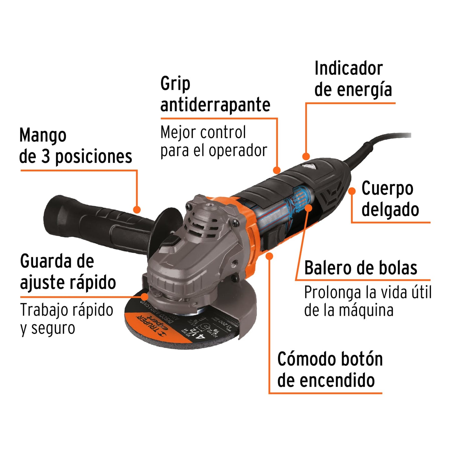 Esmeriladora angular 4-1/2" 850 W, ERGO-PRO, Truper