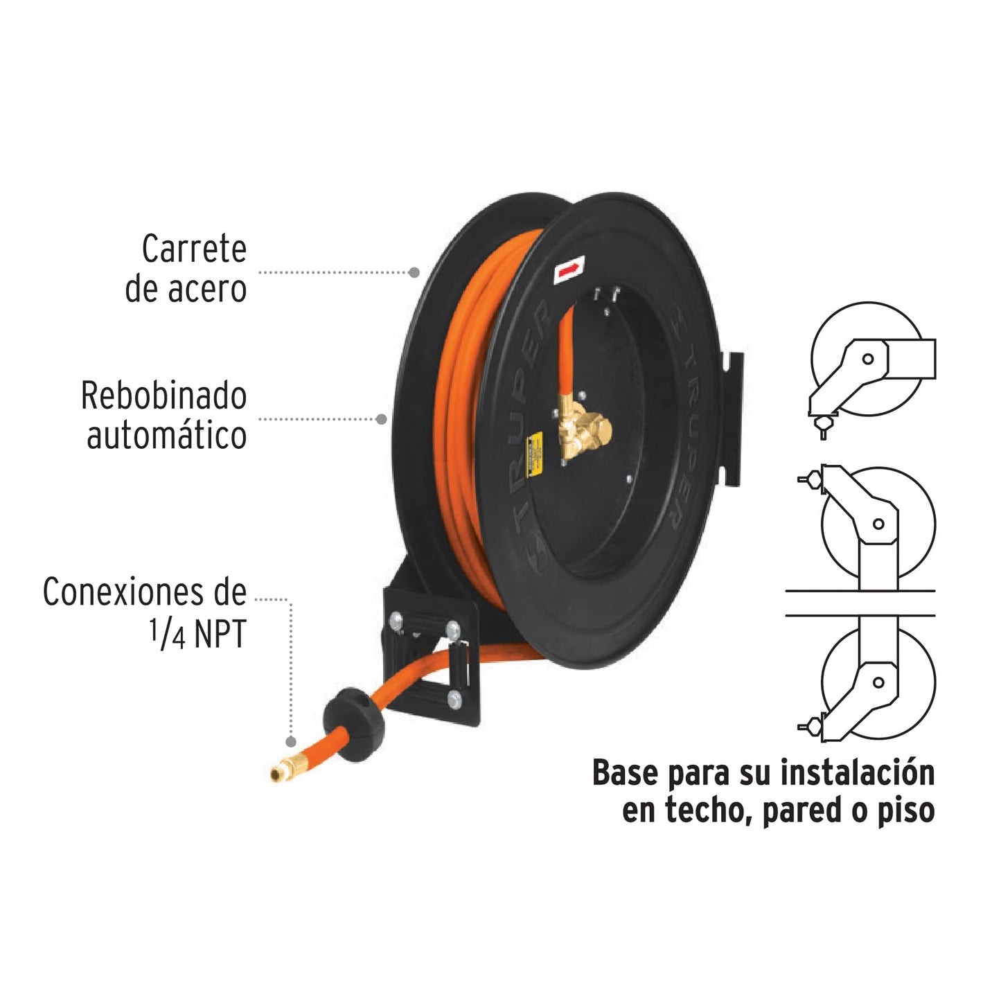 Manguera De Hule De 3/8 , 15 M Con Carrete Retráctil Truper