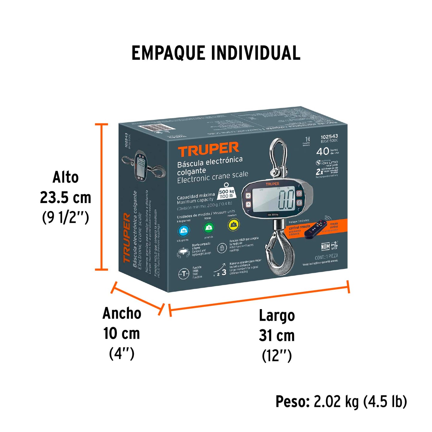 Balanza electrónica colgante, recargable, 500 kg, Truper