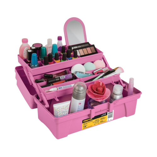 Caja cosmetiquera 14", doble bandeja, rosa, PRETUL