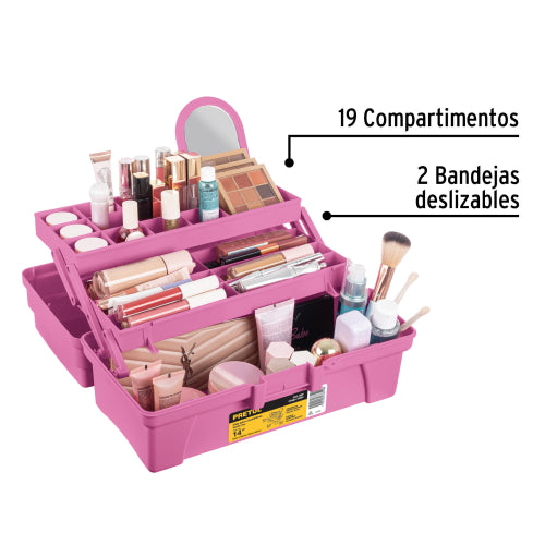 Caja cosmetiquera 14", doble bandeja, rosa, PRETUL