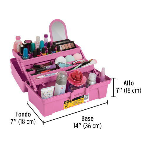 Caja cosmetiquera 14", doble bandeja, rosa, PRETUL
