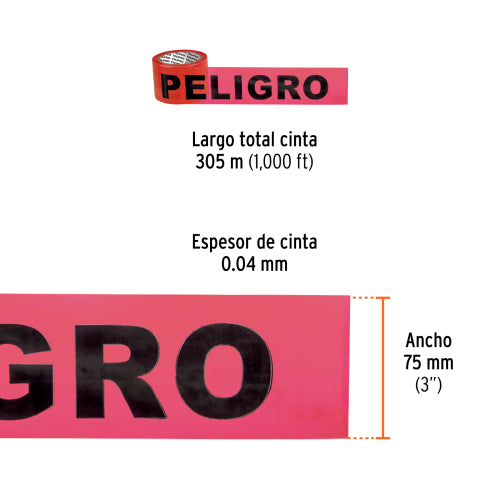 Cinta de seguridad, rollo de 305 m "Peligro", Truper