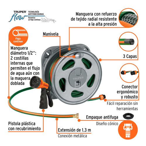 Combo de manguera reforzada 3 capas 1/2", pistola de riego plástica y porta manguera
