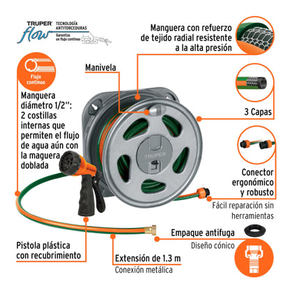 Combo de manguera reforzada 3 capas 1/2", pistola de riego plástica y porta manguera
