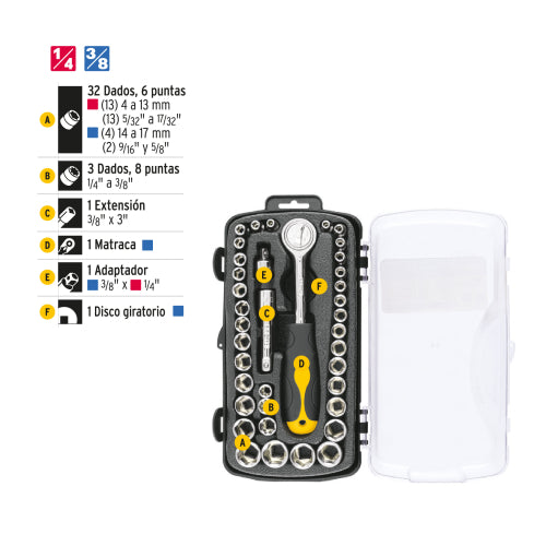 Juego de 39 herramientas 1/4" y 3/8" para mecánico, Pretul