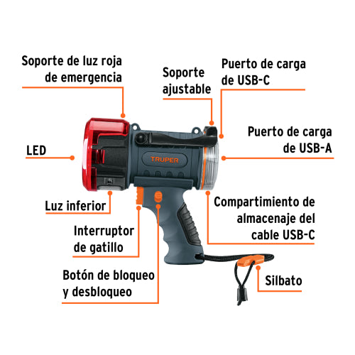 Linterna reflectora LED 2000 lm, recargable, TRUPER