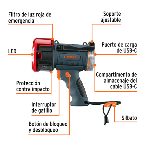 Linterna plástica reflectora LED, 900 lm recargable, TRUPER