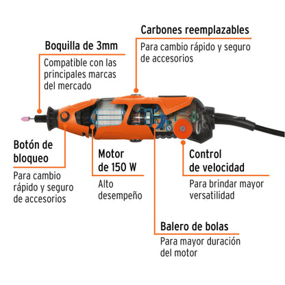 Mini rectificadora, 150 W, con 97 accesorios, Truper