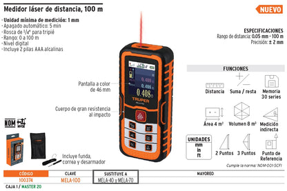 Medidor láser de distancia de 0.05 m a 100 m, Truper