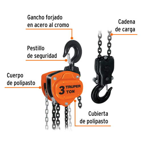 Tecle industrial de cadena, 3 toneladas, Truper
