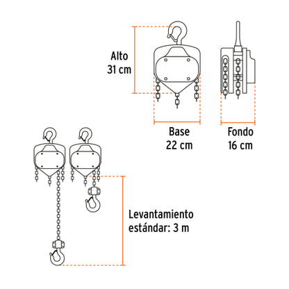 Tecle industrial de cadena, 3 toneladas, Truper